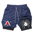 Shorts de ginástica masculino anime hunter x hunter, camada 2 em 1, respirável, secagem rápida, absorve o suor, esportes curtos, academia, corrida
