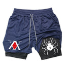 Shorts de ginástica masculino anime hunter x hunter, camada 2 em 1, respirável, secagem rápida, absorve o suor, esportes curtos, academia, corrida