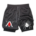 Shorts de ginástica masculino anime hunter x hunter, camada 2 em 1, respirável, secagem rápida, absorve o suor, esportes curtos, academia, corrida