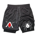 Shorts de ginástica masculino anime hunter x hunter, camada 2 em 1, respirável, secagem rápida, absorve o suor, esportes curtos, academia, corrida