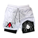 Shorts de ginástica masculino anime hunter x hunter, camada 2 em 1, respirável, secagem rápida, absorve o suor, esportes curtos, academia, corrida